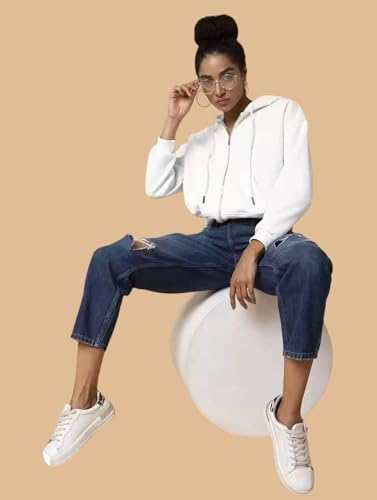 Image of Rabboni Women's Crop Fleece Hoodie Jacket | Full Sleeve Zip-Up Hooded Sweatshirt for Women & Girls | Soft Warm Casual Winter Wear Crop Hoodie
