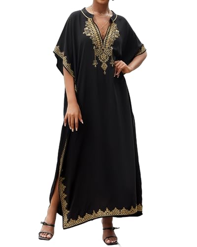 Eddoyee Kaftan Dresses for Women Embroidered Short Sleeve V-Neck Plus Size Caftan Bikini Swimsuit Cover-Up Long Beach Dress