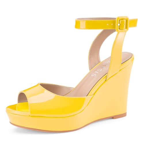 Image of Women's Dressy Platform Wedge Sandals Gold Wedges Peep Toe Patent High Heels Slingback Heeled Comfortable Ankle Strap Shoes
