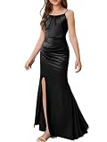 SHENHE Girl's Satin Spaghetti Strap Junior Bridesmaid Flower Girl Dress Fishtail Maxi Slit Dress Black 10Y