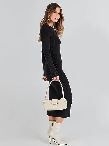Image of ANRABESS Women Long Sleeve Sweater Dress Crewneck Bodycon Stretch Slim Fit Ribbed Knit Midi Dresses 2025 Fall Trendy Outfits Black Large