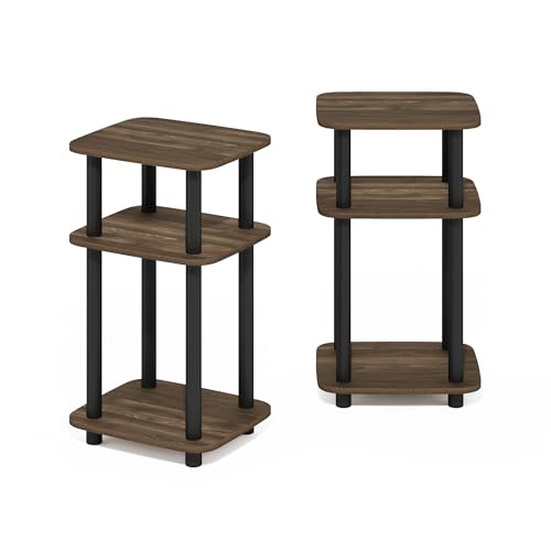 Image of Furinno JUST 3-Tier Telephone Table Set of 2, Turn-N-Tube Toolless Side Table with Open Shelf, Round Curve Corner Night Stand, Bedside Table, for Living Room, Bedroom, Columbia Walnut