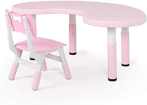 Children's Study Table and Chair Set, Adjustable Height Half-Moon Plastic Game Table for Children, Classroom, Day Care, Playground/Pink