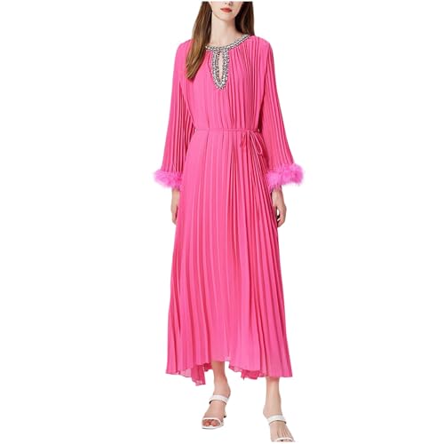 Robe longue en mousseline plissée haut de gamme avec détails de plumes et bijoux
