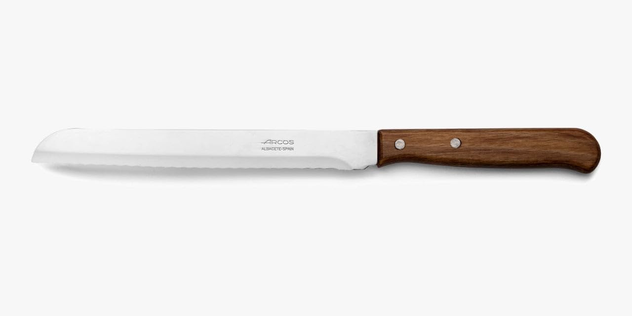 Arcos Bread Knife 7 Inch Nitrum Stainless Steel and 170 mm blade. Obtain a great variety of cuts for your food. Ideal knife for daily domestic use. Series Latina. Color Brown.