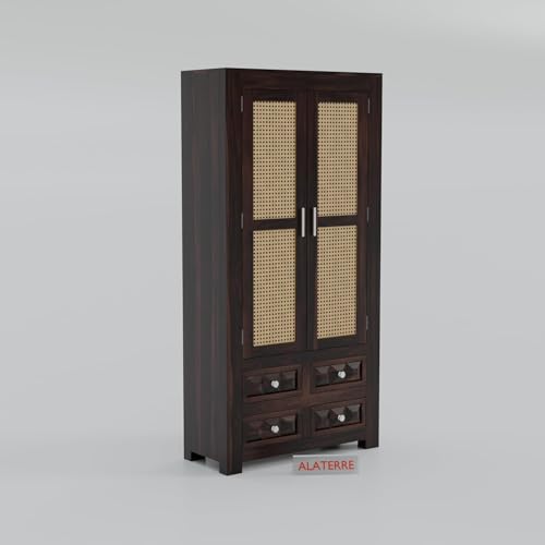 Image of Wooden Storage Cabinet with Cane Doors & Drawers | Tall Solid Wood Wardrobe Cabinet with 2 Doors & 4 Drawers (Walnut Finish)