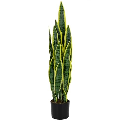 TONAHUTU 3FT Artificial Snake Plant 35in Green Fake Sansevieria, Mini Plant with Black Plastic...