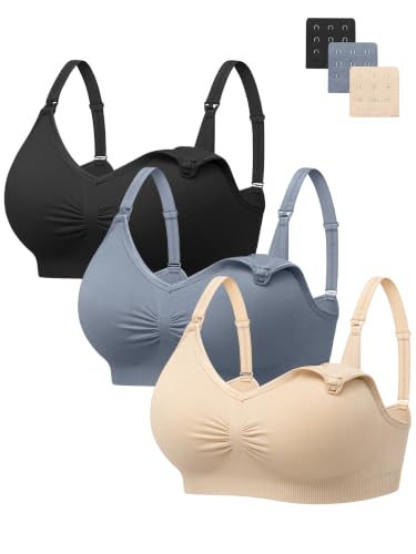 Image of Angelhood Womens Seamless Sleep Nursing Bra,Breastfeeding Maternity Bra with Remove Bra Pads Extenders Pack of 3