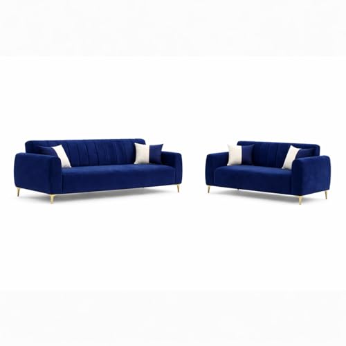 Image of Habibi Rich Velvet Suede 3+2 Seater Sofa Set | Spacious Soft Touch Comfort Seating | 5 Person Seating | Modern Living Room Sofa Set (Dark Blue)