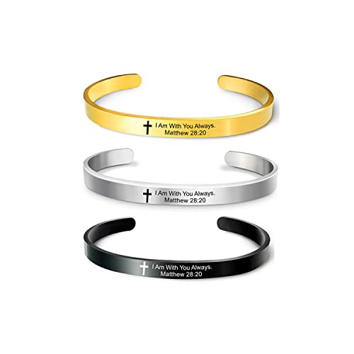 Renyilin 3Pcs Religious Prayer Bracelet Cross Engraved With Bible Verse I Am With You Always. Matthew 28:20" Inspired By Baptism Faith Cuff Jewelry #TOP13