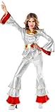 ► Combinaison argentée pour femme de groupe pop des 70 ans. Il rappelle particulièrement le groupe ABBA. Le costume comprend : chemise, pantalon, ceinture. Microphone non inclus.