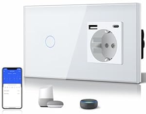 BSEED WLAN Lichtschalter(Neutralleiter Erforderlich), 1 Fach 1 Weg wifi Schalter mit Non-Wifi Steckdose USB C aus Glas, Smart Schalter Kompatibel mit Alexa/Tuya/Google Home/SAMRT LIFE, Weiß
