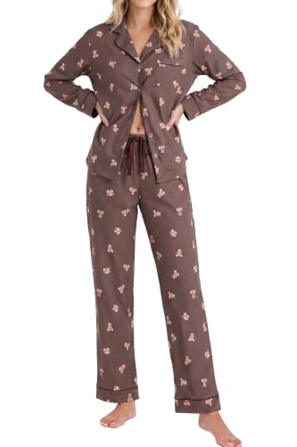 Image of LUBOT Christmas Pajamas for Women 100% Cotton Pajama 2 Piece PJ Set Soft Long Sleeve Button Xmas Print Loungewear XS-XXL