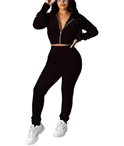 Women's Casual Two Piece Outfits 2 Pc Velvet Long Sleeve Crop Hoodies Tops + Skinny Pants Sets Sweatsuits Tracksuits Black Large