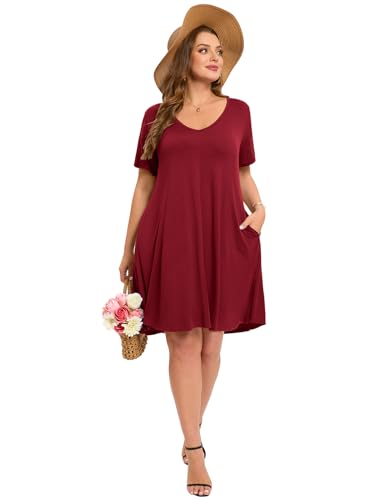 Image of ZENNILO Women's Plus Size Swing Dress with Pockets Casual Summer Dresses V Neck Short Sleeve T Shirt Dress for Women