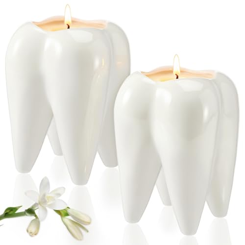 Conelist 2 Pcs Ceramic Tooth Shaped Scented Candle Freesia Scent Aromatherapy Candle for Dentist 2.7 x 3.9 Inch Long-Lasting Natural Soy Wax for Dentist Clinic Desk Supplies Dental Gifts