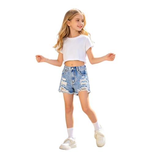 Pantalones cortos vaqueros de niña estilo desgastado washed denim