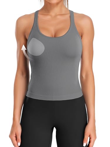 Image of ATTRACO Ribflex Ribbed Workout Crop Tops with Built in Bra for Women Yoga Racerback Tank Top Slim Fit