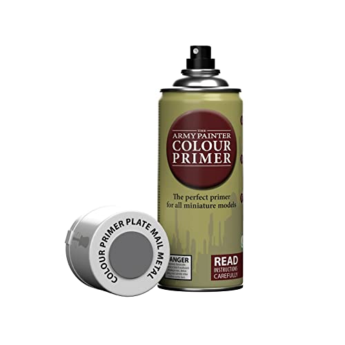 The Army Painter Colour Primer Plate Mail Metal, 400 mL Acrylic Spray Primer, Spray Paint Basecoat for Miniature Priming, Tabletop Roleplaying, Boardgames, and Wargames Miniature Modelling