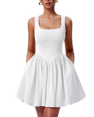 YMDUCH Women's Summer Sleeveless Square Neck A-line Ruffle Hem Mini