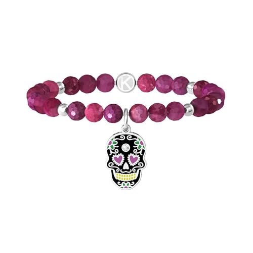Bracciale elastico con sfere in agata fucsia striata e ciondolo smaltato teschio messicano in acciaio e dettaglio in cristallo. Dimensione ciondolo: 20.32x12.65 mm Diamentro del cristallo: 2 mm Diamentro delle pietre: 6 mm Misura unica, lunghezza 17-18 cm Materiale: Acciaio 316L, Agata Fucsia, Cristallo Immagine indicativa in quanto trattandosi di pietre naturali i colori del bracciale potrebbero variare
