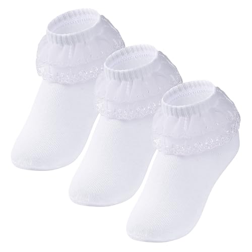 3 Pairs Girls Ruffle Socks Cute White Frilly Lace Princess Dress Socks for Girls Toddler Daily Wear2