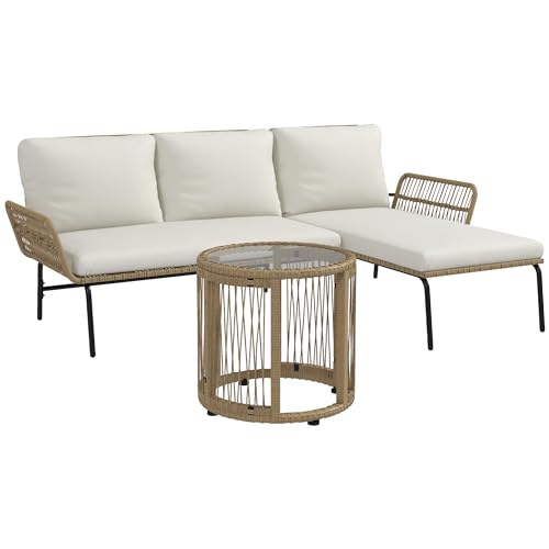 Outsunny Salon de Jardin extérieur d'angle 3 Places modulable en résine tressée avec canapés, Chaise Longue, Table Basse en Verre et Coussins, mobilier de...