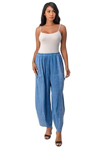 Straight Cotton Linen Pants with Pockets (US, Alpha, One Size, Regular, Regular, Blue)