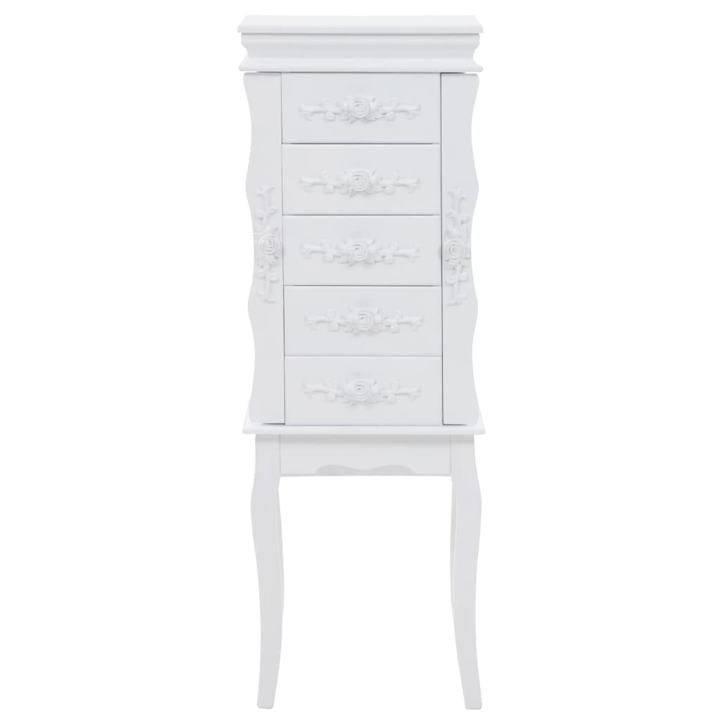 Wolnostojąca szafka na biżuterię, biała, 34 x 26 x 94 cm, płyta MDF i drewno sosnowe, elegancki mebel do salonu, sypialni, korytarza, wszechstronne przechowywanie biżuterii, akcesoriów
