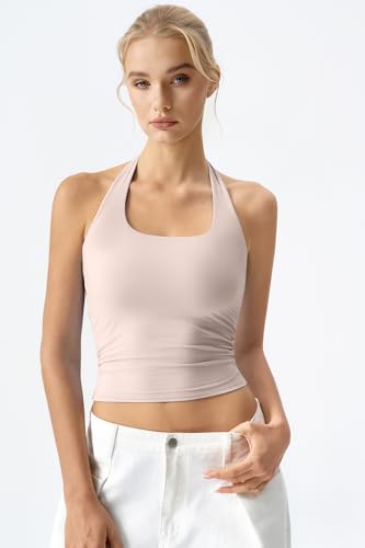Image of QINSEN Womens Halter Top Double Lined Tank Top Sleeveless Open Back Slim fit Going Out Tops