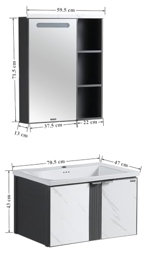 Image of Plantex Bathroom Vanity Cabinet Set /LED Light Glass Mirror Cabinet /Ceramic Basin for Bathroom - Pack of 1 (White & Black)