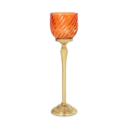 Image of Pure Home + Living Orange Swirl Textured Hurricane - Large Candle Holders for Home Decor with Glass Hurricane, Dining Table Decor, Candle Holder, Decorative Candle Stands for Home Decor