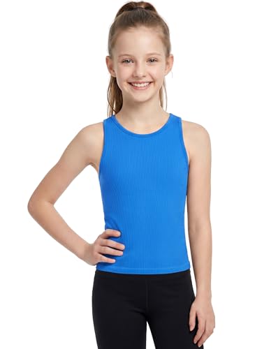 ATTRACO Ribflex Girls Tank Tops with Shelf Bra Kids Sleeveless Athletic Workout Running Sports Shirts Blue 7-10 Years