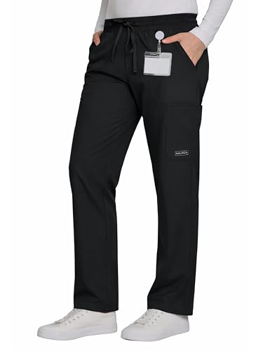NAUTICA Womens Straight Leg Scrub Pants Athletic Stretch 6-Pocket Professional Fit Badge Loop Elastic Waist S5X Black