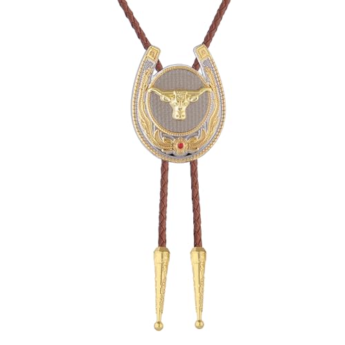 Image of Jeilwiy Bolo Tie for Men, Western Cowboy Golden Longhorn Bull Eagle Horse Cowboy Hat Bolo Necklace Leather Necktie for Women