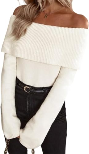 Pull à épaules dénudées for femme, manches longues, pliable, automne, tunique tricotée (Color : White, Size : S)