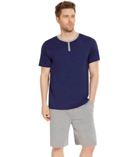 Image of NACHILA Men's Bamboo Viscose Short Sleeve Pajama Set Cooling PJs Soft Breathable Sleepwear with Pockets Summer Loungewear