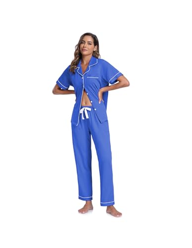 Image of CF Womens 100% Cotton Pajamas Set Button Down Pjs Sets Short Sleeve Top & Long Pants Sleepwear Comfy Loungewear with Pockets