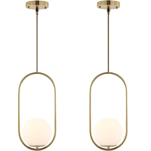Desidiya Modern Pendant Light, Oval Globe Glass Shade with Brushed Brass Frame, E26 Base, Kitchen Bedroom Lighting Set, Pack of 2 Ceiling Hanging Lighting Fixture for Dining Room