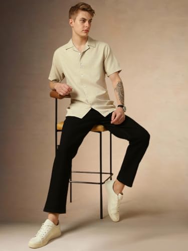 Image of Dennis Lingo Men's Half Sleeve Cuban Collar Solid Textured Relaxed Fit Casual Shirt