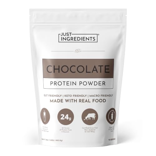 JUST INGREDIENTS Protein Powder - Chocolate Grass-Fed Whey Organic Whole Food Blend Gluten-Free Keto-Friendly - 15 Servings 24g Protein