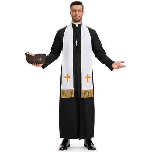 BuzzoXerex Deguisement Pretre, Deguisement Pretre Homme Adulte, Costume Prêtre Homme avec Étole, Chaîne avec Croix, Ceinture et Boîte de Rangement pour Bible pour Carnaval Halloween Cosplay (M)
