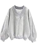 LovelyWholesale Women V Neck Oversized Sweatshirt Long Sleeve Shirts Drop Shoulder Tops Grey Medium