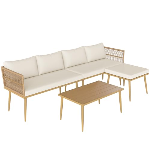 Outsunny Salon de Jardin extérieur en résine tressée 5 Places modulable avec 2 canapés, Pouf et Table Basse, Coussins déhoussables Inclus, mobilier de Jardin pour...