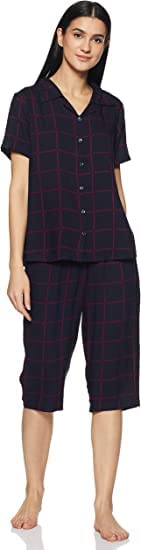 Image of Longies Women's Rayon Pyjama Night Suit Regular Capri Set ((LGRCSSY011 Purple Medium) M)
