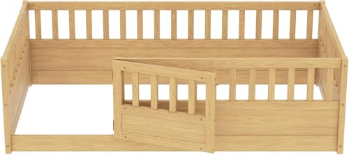 Image of Bellemave Twin Size Kids Montessori Floor Bed,Solid Wood Floor Bed Frame with High Fence and Lockable Door for Kids,Girls,Boys,Twin,Natural