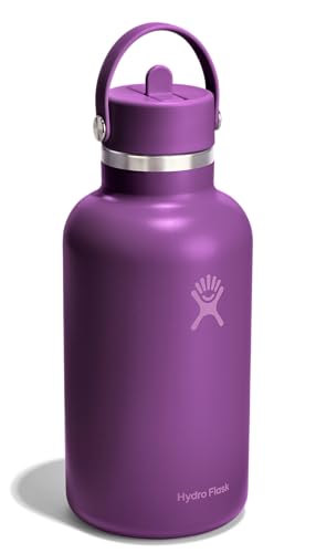 Image of Hydro Flask Water Bottle - Insulated Stainless Steel - Wide Mouth Flex Straw Lid, Non Spill, Leakproof and Refillable in 64 Oz Beachplum Purple