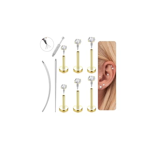 Habselikob 18G/16G Piercing Tragus Acier Chirurgical- Or/Argent Piercing Labret Levre Hypoallergénique Filetage Interne Piercings Helix Conch Nez Oreille pour...
