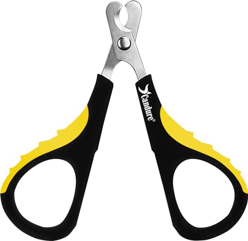 Candure Profi Krallenschere für Hunde und Katzen mit Nagelfeile Edelstahl Krallenzange Hohe Qualität Krallenpflege Schneider für Haustiere Nagelknipser groß Mit Sicherheitsschutz (Klein (XS), Gelb)