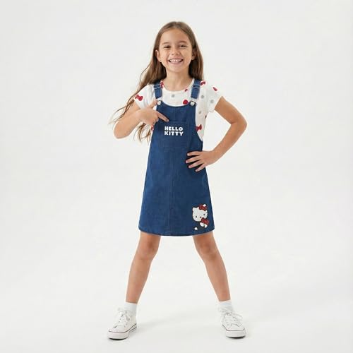 Image of Hello Kitty Sanrio Girls Adjustable Jumper Denim Dress with Shirt Set for Toddler and Big Kids